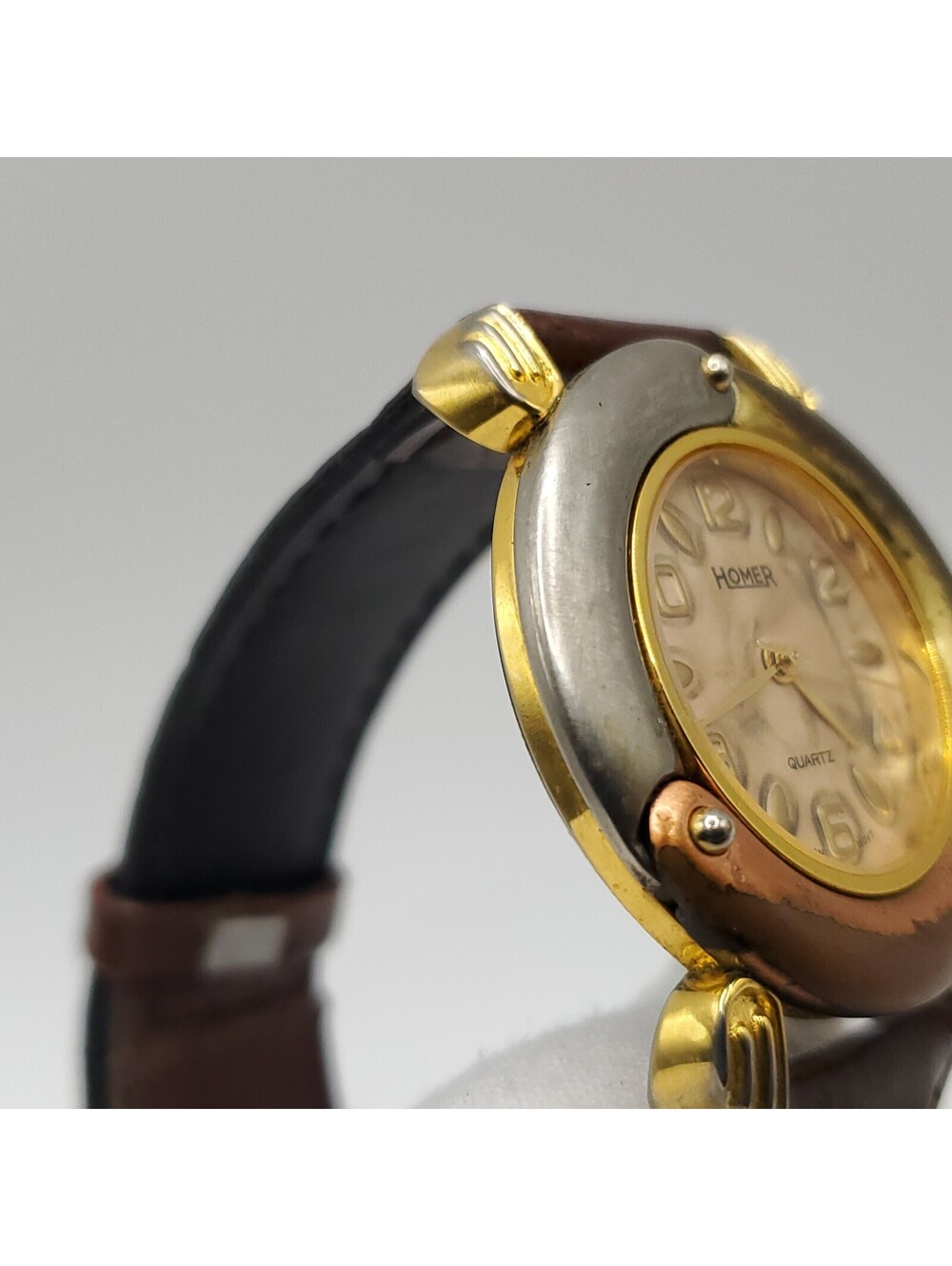 Homer Quartz Three Tone Bezel Watch New Battery 33mm Brown Leather Band - Picture 11 of 16
